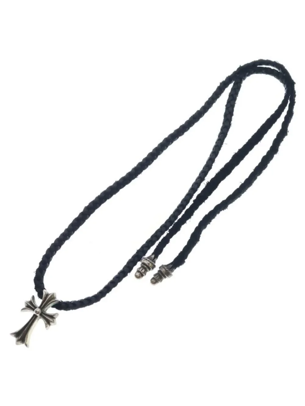 Chrome Hearts CH Crs Sml CL Small CH Cross Leather Braid Necklace Silver Black